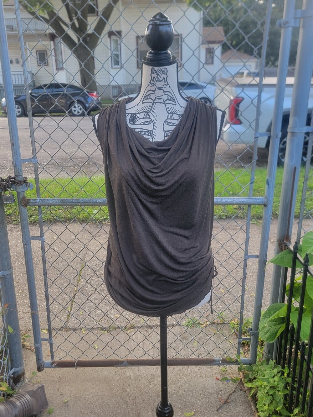 Gold Hawk Bamboo Silk Draped Cowl Neck Ruched Top Size M